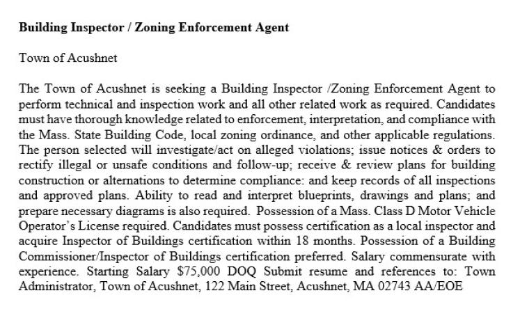 Town of Acushnet Job Opening: Building Inspector / Zoning Enforcement Agent