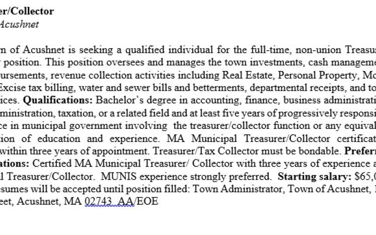  Town of Acushnet  Job Opening: Treasurer/Collector  